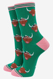 Women's Highland Cow With Floral Crown Bamboo Socks in Green