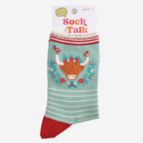 Women's Bamboo Socks - Green/Red, Christmas Highland Cow
