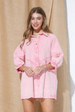 Washed Denim Puff 3/4 SLV Snap Up Shirt Dress: BLACK