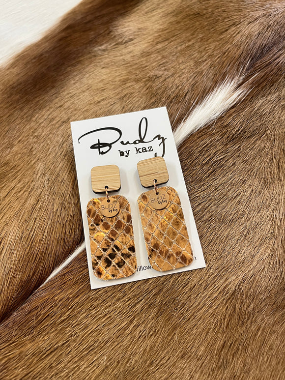 Budz by Kaz - Rectangle Dangling Earrings Rose Gold Snake Skin Print
