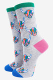 Women's Bamboo Socks - Grey/Rainbow, Highland Cow