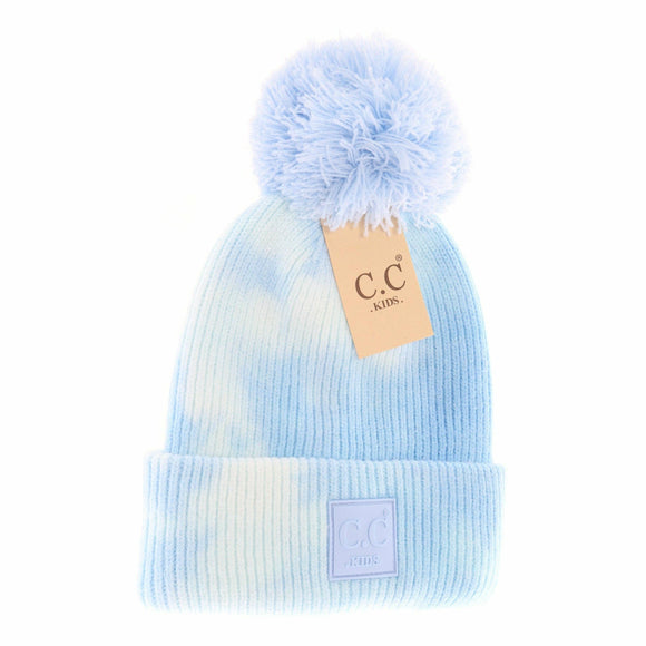 KIDS Tie Dye Pom C.C Beanie KIDS7380POM: Baby Blue/White