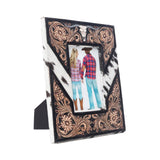 Saddlewood Handtooled Leather Photo Frame in brown with hairon detail, western home décor