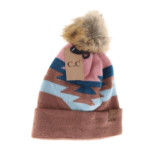 Aztec Natural Faux Fur Pom C.C Beanie YJ1000: Taupe