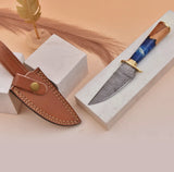 8” Damascus Knife with Leather Sheath - Artistic Handle