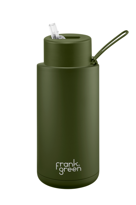 FRANK GREEN CERAMIC REUSABLE BOTTLE 34OZ/1 LITRE WITH STRAW LID - KHAKI