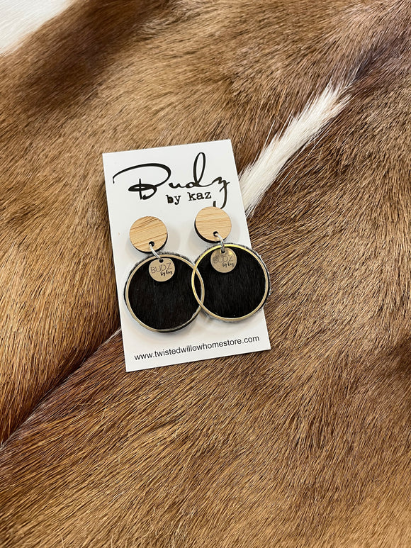 Budz by Kaz - Circle Dangling Earrings Black Cow Hide Style #1