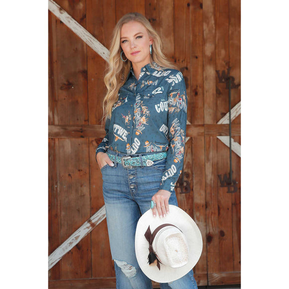 CRUEL DENIM WOMEN'S LONG SLEEVE SHIRT - BLUE PRINT