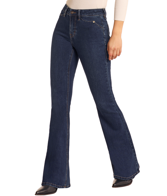 HIGH RISE SCALLOP DETAIL BUTTON FLARE JEANS