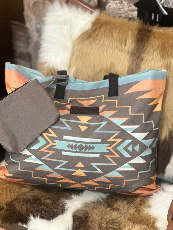 Rock & Roll Denim Large Aztec Wristlet & Tote Bag Style BU43XO5623