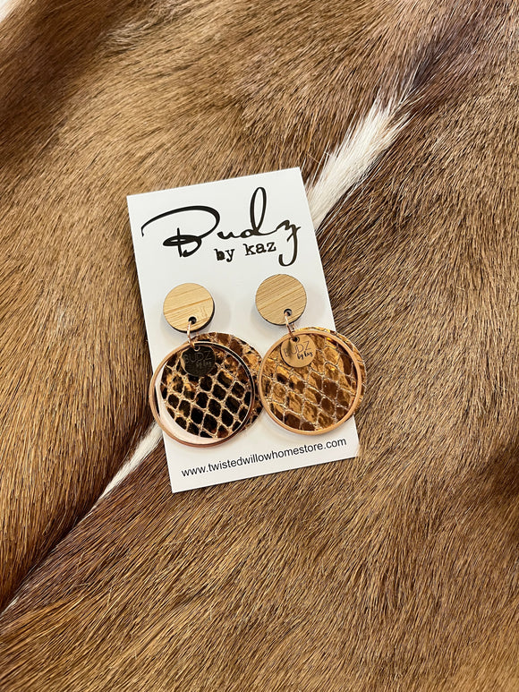 Budz by Kaz - Circle Dangling Earrings Rose Gold Snake Skin Print