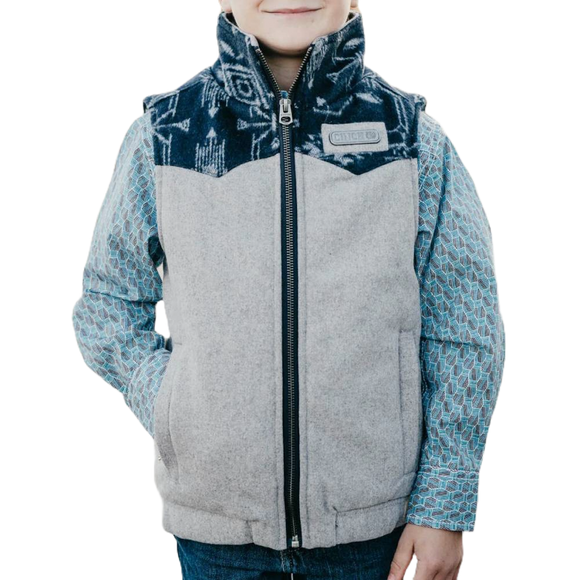 Cinch Youth Boy's Grey & Aztec Contrast Print Wooly Vest MWV5050003