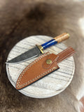 8” Damascus Knife with Leather Sheath - Artistic Handle