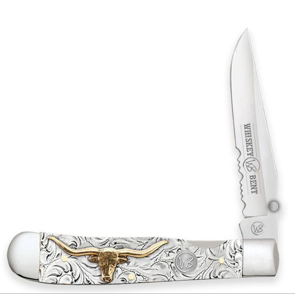 Whiskey Bent Trapper Pocket Knife Single Locking Blade with Clip 50/50 Serrated 'Toro' - KWB16-22