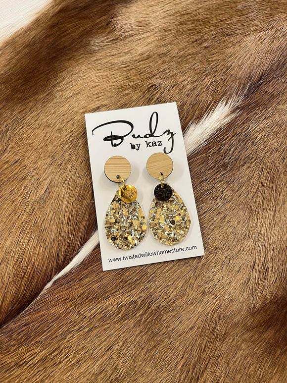 Budz by Kaz - Drop Dangling Earrings Gold Glitter