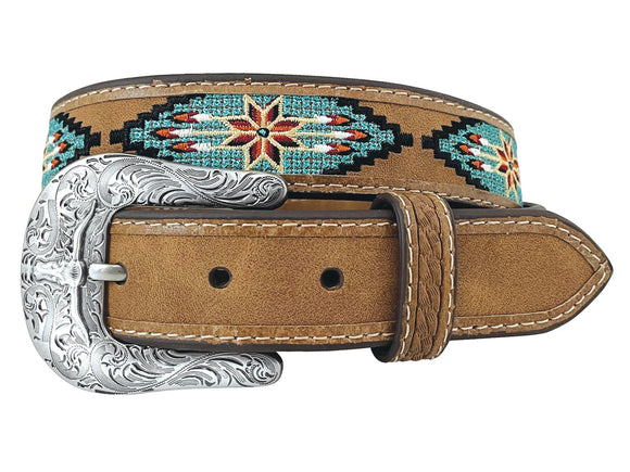 Roper Boy's Manmade Leather Brown Belt - Aztec Flowers and Arrows