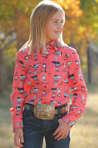 GIRL'S BOOT PRINT SNAP FRONT WESTERN SHIRT - CORAL