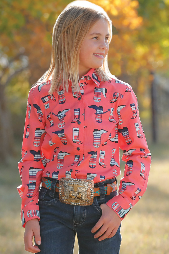 GIRL'S BOOT PRINT SNAP FRONT WESTERN SHIRT - CORAL