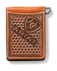 Ariat Western Mens Money Clip Leather Logo Basket Weave Brown A3557102