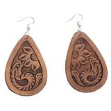 Tooled Pear Drop Leather Earrings -  Brown