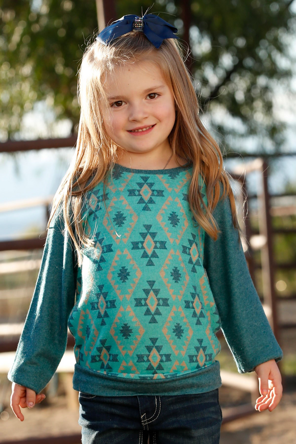 GIRL'S SOUTHWEST PRINT LONG SLEEVE RAGLAN SWEATER - TURQUOISE