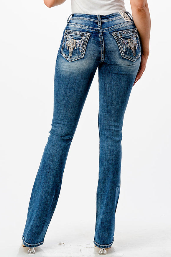 Grace in LA - STEER HEAD EMBELLISHMENT MID RISE BOOTCUT JEANS | EB-61750