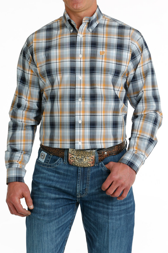 MEN'S PLAID BUTTON-DOWN WESTERN SHIRT - LIGHT BLUE / NAVY / ORANGE