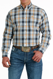 MEN'S PLAID BUTTON-DOWN WESTERN SHIRT - LIGHT BLUE / NAVY / ORANGE