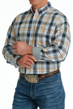 MEN'S PLAID BUTTON-DOWN WESTERN SHIRT - LIGHT BLUE / NAVY / ORANGE