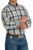 MEN'S PLAID BUTTON-DOWN WESTERN SHIRT - LIGHT BLUE / NAVY / ORANGE