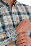MEN'S PLAID BUTTON-DOWN WESTERN SHIRT - LIGHT BLUE / NAVY / ORANGE