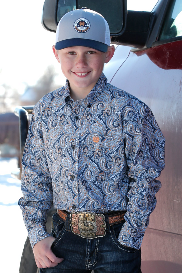 Cinch BOY'S MATCH DAD PAISLEY PRINT BUTTON-DOWN WESTERN SHIRT - GRAY /BLUE