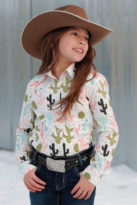 Cruel Denim - GIRL'S CACTUS PRINT BUTTON-DOWN WESTERN - CREAM / OLIVE