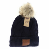 Geometric Knit Faux Fur Pom Beanie HAT2298