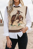 Western Print Colorblock Sleeveless Knit Vest Regular Length