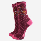 Highland Cow Floral Wreath Bamboo Socks in Burgundy