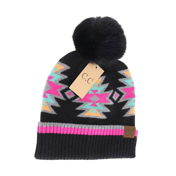 Southwestern Faux Fur Pom C.C Beanie HTE0030: Black Multi