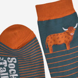 Men's Bamboo Socks - Teal/Orange, Highland Cow Stripe