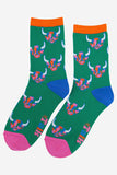 Women's Bamboo Socks - Green/Rainbow, Highland Cow