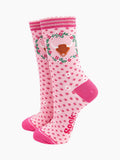 Women's Bamboo Socks - Pink, Highland Cow Wreath