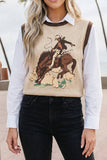 Western Print Colorblock Sleeveless Knit Vest Regular Length