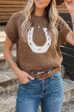 Print Short Sleeve Round Neck Drop Shoulder Knit Top