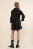 Washed Denim Puff 3/4 SLV Snap Up Shirt Dress: BLACK