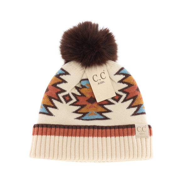 Kids' Southwestern C.C Beanie with Faux Fur Pom: Beige