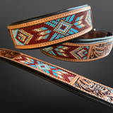 Sedona Tooled Leather Western Dog Collar Turquoise/Brick Red