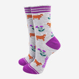 Women's Bamboo Socks - Grey/Purple, Highland Cow Thistles