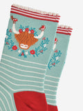 Women's Bamboo Socks - Green/Red, Christmas Highland Cow