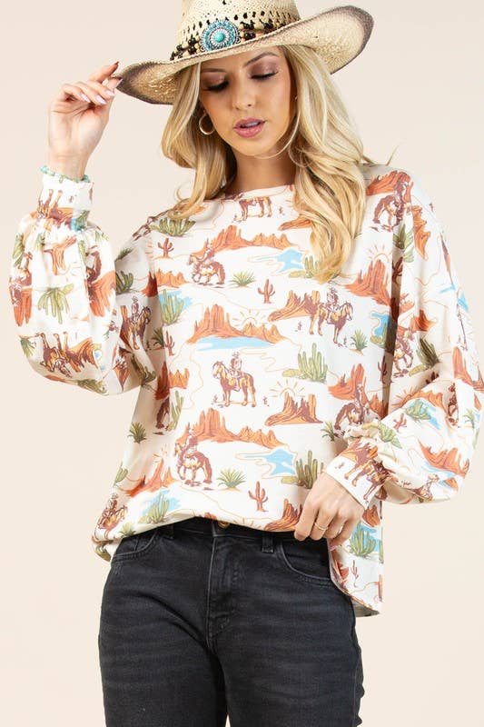 AV1172-MICHAELA WESTERN PRINT RELAXED SWEATSHIRT