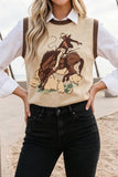 Western Print Colorblock Sleeveless Knit Vest Regular Length