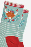 Women's Bamboo Socks - Green/Red, Christmas Highland Cow